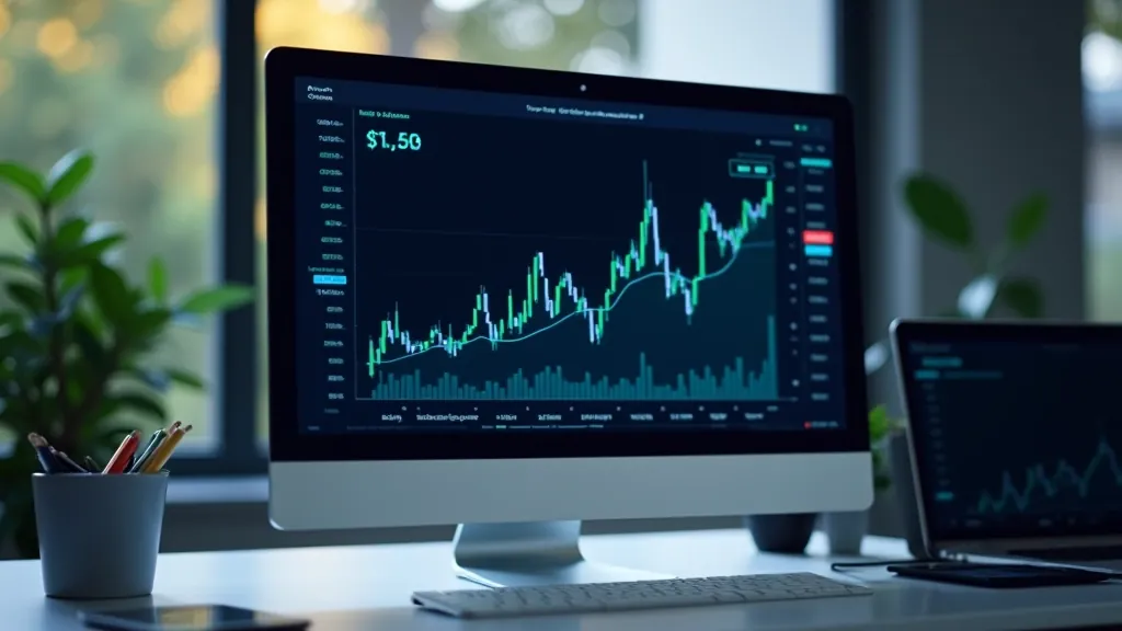 Datoru ekrāns ar finanšu grafikiem un analīzes rīkiem, gaiši apgaismots birojā