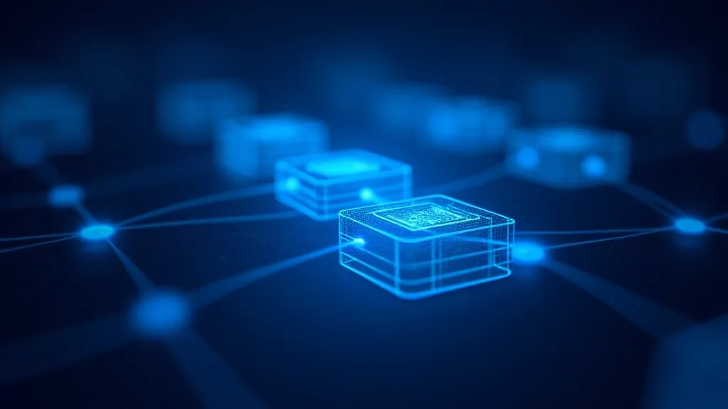 Abstrakta vizualizācija no blockchain bloku ķēdes ar zilo gaismu un savienojumiem