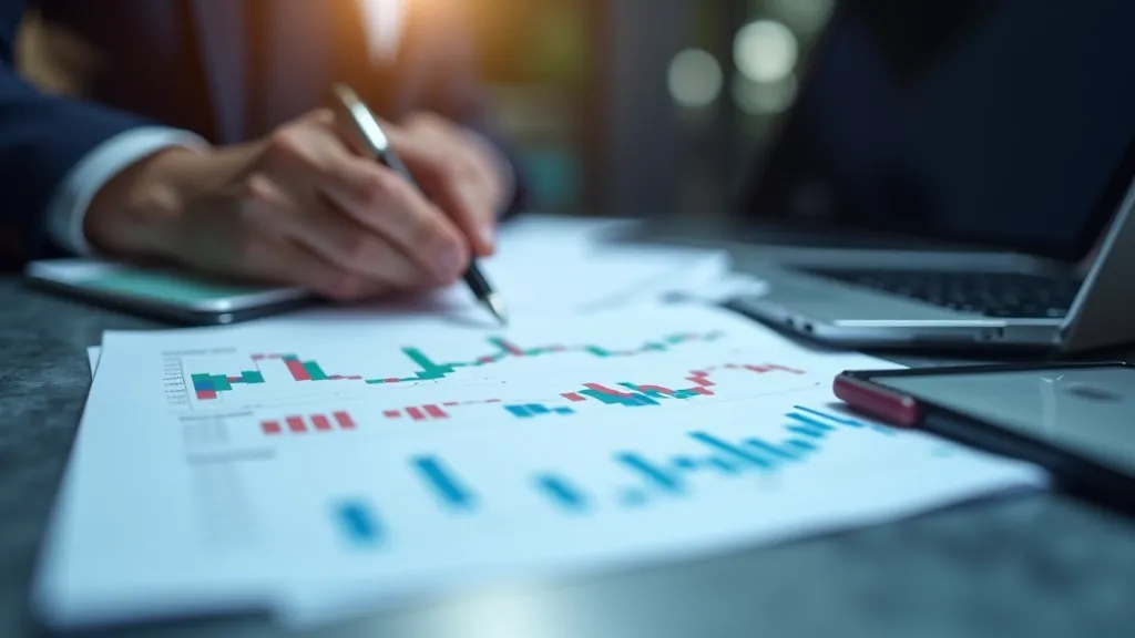 Dažādi finanšu instrumenti un grafiki uz tērauda virsmas ar zaļām un sarkanām līnijām