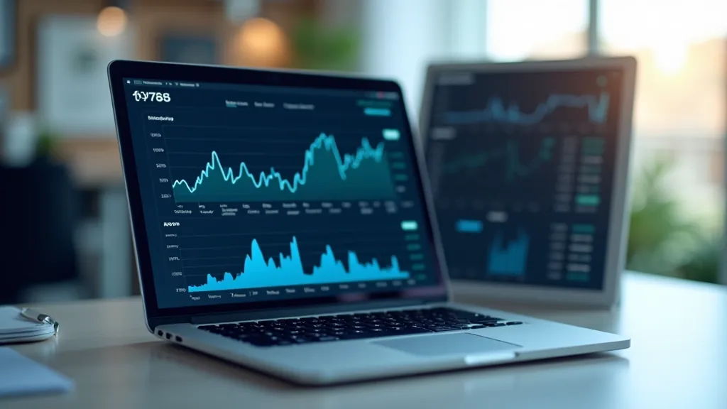 Klēpjdatora ekrāns ar blockchain grafiku un finanšu datiem